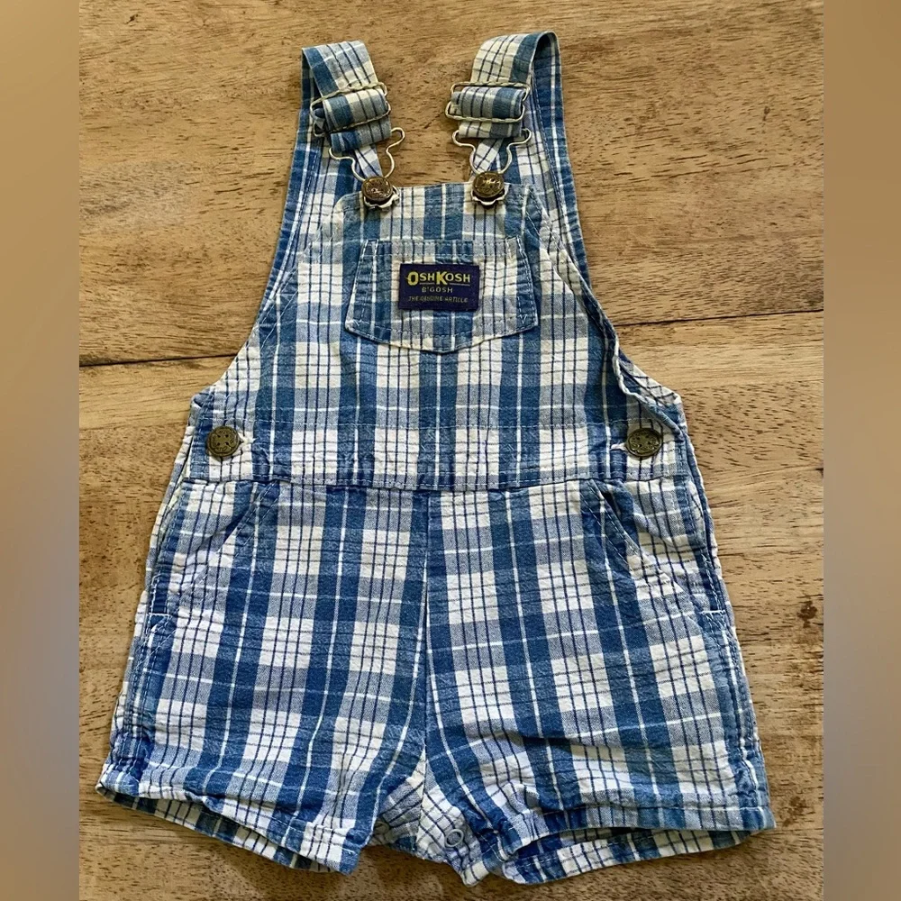 Vintage OshKosh B’Gosh Infant Size 12 Months Blue Plaid Denim Shortalls‎